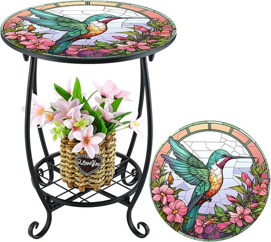 Cinnvoice Outdoor Side Table Round Small Mosaic Patio Accent Indoor End Plant Coffee Tea Table for Yard Patio Porch Garden Living Room, Bedroom(Hummingbird Style,14 Inch)