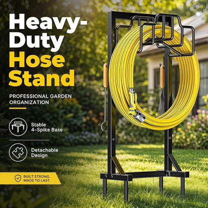Skycarper Garden Hose Reel Holder Detachable Metal Water Hose Hanger Organizer Heavy Duty Free Standing Hose Stand (Deep Black)