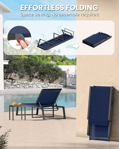 Aluminum Outdoor Chaise Lounge Chair Outdoor, Foldable & No Assembly Patio Pool Lounge Chairs 5-Position Recliner for Outside, Fully Grounded Legs Sun Lounger for Poolside, 4 Packs, Navy Blue