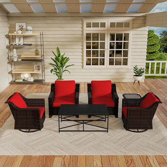 Vista Vibe 6 Pieces Outdoor Rattan Patio Conversation Furniture Set - 360 Degree Swivel Glider Rocker Chairs | Coffee Table | 2 Wicker Chairs, Washable Cushions, Terrace, Sunroom (Brown/Red)