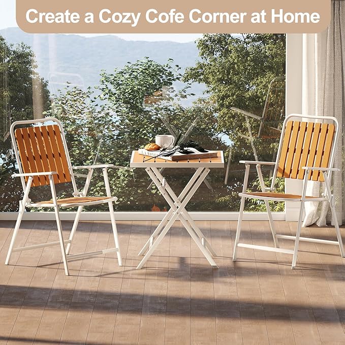 3 Piece Outdoor Bistro Set with Yellow Wood-Look Tabletop, Patio Table and Chairs Set of 2, Folding Small Balcony Furniture for Garden, Deck, Porch, Outdoor Bistro Patio Set