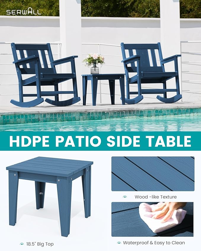 SERWALL Outdoor Rocking Bistro Set, HDPE Patio Furniture Set, Porch Rocking Chair Set with Table for Backyard, Balcony, and Garden- Blue