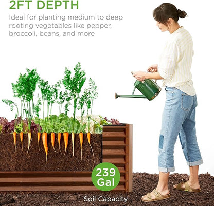 Best Choice Products 8x2x2ft Raised Outdoor Metal Garden Bed, Rectangular Planter Box for Herbs, Flowers, and Deep Root Vegetables w/ 240 Gallon Capacity - Wood Grain