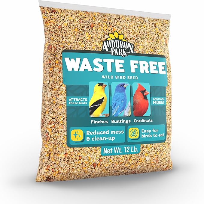 Audubon Park Waste Free Wild Bird Seed – 12 lb. No Mess Blend with Sunflower Hearts & Peanut Pieces – Bird Food for Outside Feeders