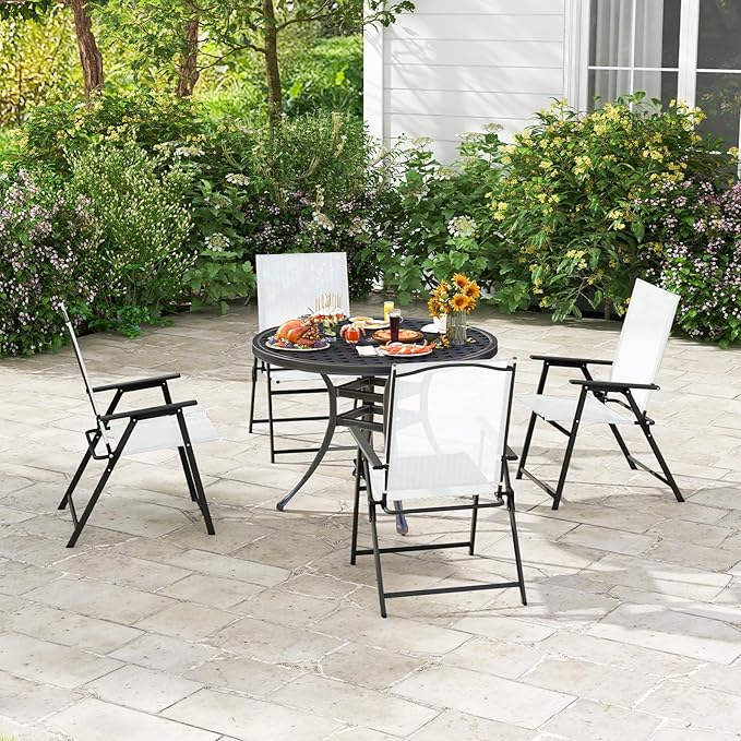 Giantex Patio Folding Chairs Set of 4, Outdoor Lawn Chairs with Rustproof Metal Frame, Portable Dining Chairs for Porch, Deck, Garden, Backyard, Camping, White