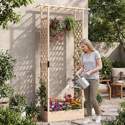 S AFSTAR Raised Garden Bed with Trellis, 2 Pieces Fir Wood Planter Box with Flat Roof & Drainage Holes, Vertical Planter Raised Bed for Climbing Plants, Flowers & Vegetables, 43" x 14" x 89" (Natural)
