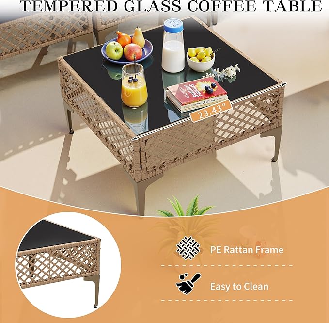 FHFO 7 Piece Outdoor Wicker Patio Furniture Set, Rattan Sectional Sofa Couch, Patio Conversation Set with Cushion & Coffee Table, for Backyard Poolside Porch Garden, Yellow/Blue
