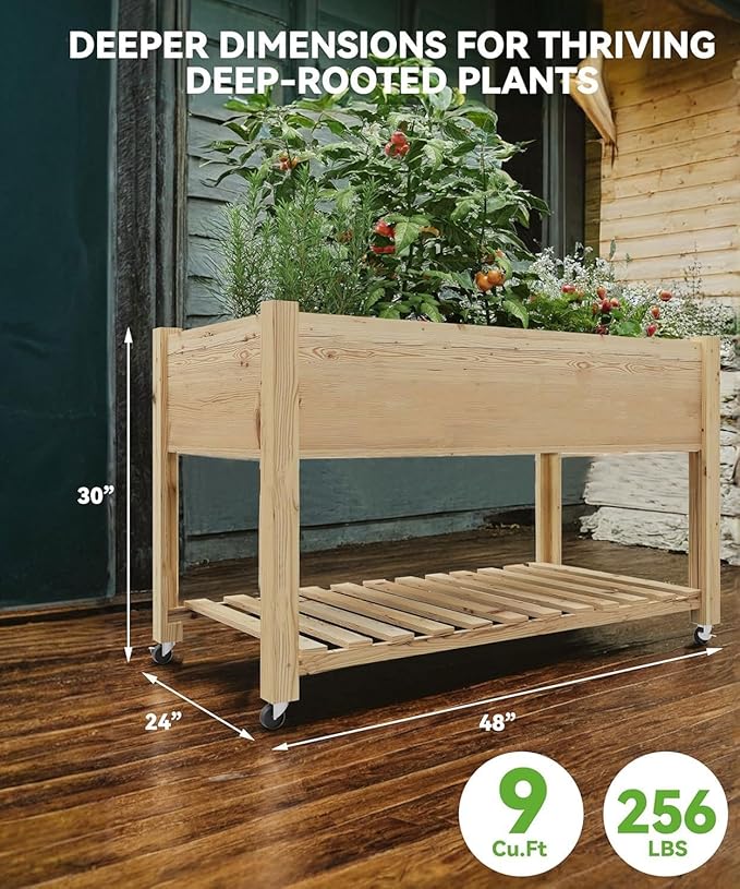 GarveeHome Raised Garden Bed 48x24x32 in Mobile Elevated Wood Planter Raised Beds w/Lockable Wheels, Storage Shelf, and Protective Liner for Indoor/Outdoor Gardening,Natural