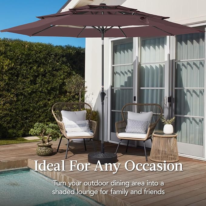 Best Choice Products 10ft 3-Tier Market Patio Umbrella, Outdoor Sun Shade with Tilt, Crank Lift, 8 Ribs for Backyard, Deck, Poolside – Deep Taupe