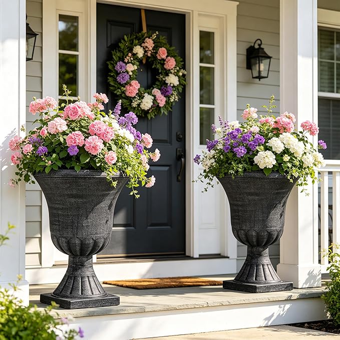 22" Timeless Urn Planters for Outdoor Plants, Set of 2 Plastic Large Flower Pot with Handmade Washed Black Finish, Weather-Resistant for Porch, Garden, Patio or Indoor Use