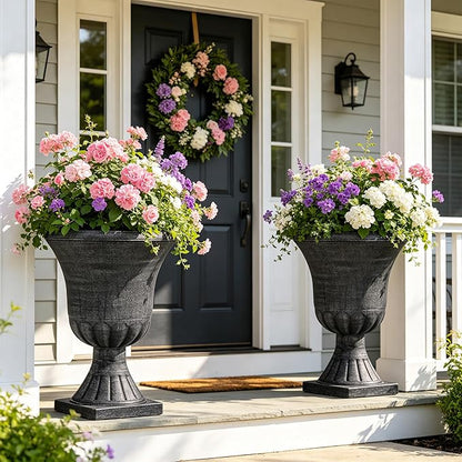 22" Timeless Urn Planters for Outdoor Plants, Set of 2 Plastic Large Flower Pot with Handmade Washed Black Finish, Weather-Resistant for Porch, Garden, Patio or Indoor Use