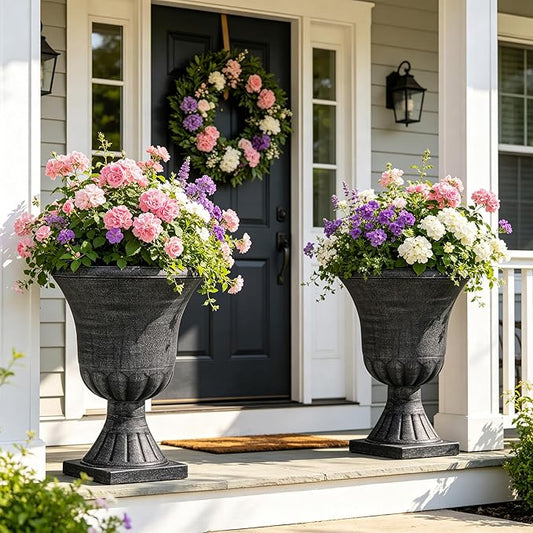 22" Timeless Urn Planters for Outdoor Plants, Set of 2 Plastic Large Flower Pot with Handmade Washed Black Finish, Weather-Resistant for Porch, Garden, Patio or Indoor Use