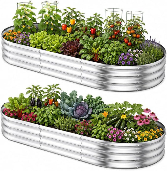 HOOPLE 2 Pack 8x4x1FT Galvanized Raised Garden Beds for Vegetables, Large Oval Metal Planter Box Outdoor, 32 Cu Ft Deep Open Bottom Garden Bed Kit for Backyard, Flowers, Herbs & Deep-Rooted Plants