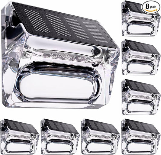 Qualdout Solar Outdoor Lights 8 Pack, Solar Fence Deck Lights, Waterproof Powered Outside Lighting for Step Railing Wall Pool Stair Yard Garden Patio Decorations
