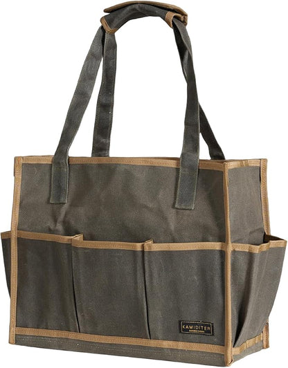 Heavy Duty 16OZ Waxed Canvas Tool Bag,15-Pockets Portable Tote Bag,Muti-Purpose Garden Tool Storage Bag with Padded Handle | ArmyGreen