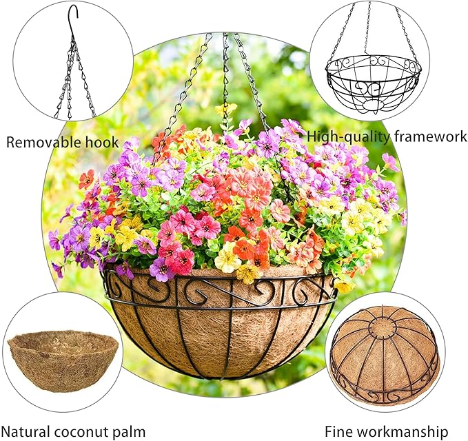 4 Pack 14 Inch Metal Hanging Planter Basket，Natural Round Coconut Hanging Plant Flower Pot，Coconut Coir Planter for Hanging Basket Flowers/Vegetables Home Garden Patio Decoration Flower