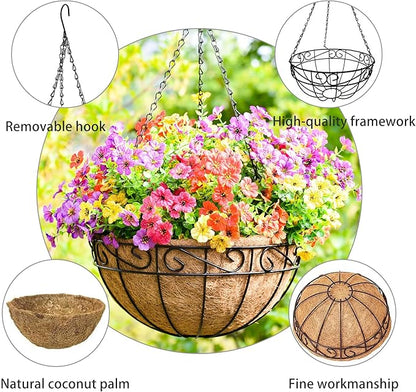 4 Pack 14 Inch Metal Hanging Planter Basket，Natural Round Coconut Hanging Plant Flower Pot，Coconut Coir Planter for Hanging Basket Flowers/Vegetables Home Garden Patio Decoration Flower