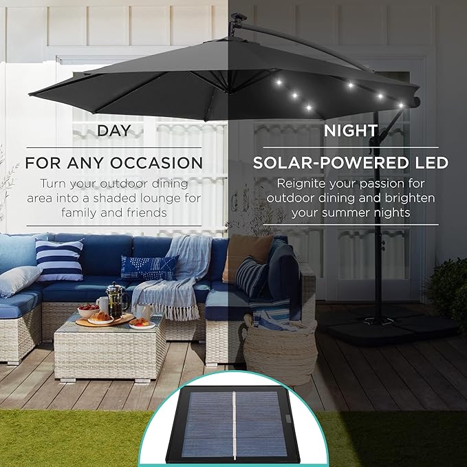 Best Choice Products 10ft Solar LED Offset Hanging Market Patio Umbrella for Backyard, Poolside, Lawn and Garden w/Easy Tilt Adjustment, Polyester Shade, 8 Ribs - Gray