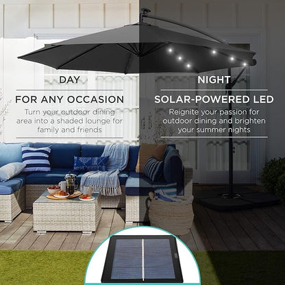 Best Choice Products 10ft Solar LED Offset Hanging Market Patio Umbrella for Backyard, Poolside, Lawn and Garden w/Easy Tilt Adjustment, Polyester Shade, 8 Ribs - Gray