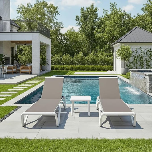 PURPLE LEAF Patio Chaise Lounge Chair Set of 3 Outside Aluminum Plastic Stackable Tanning Chairs for Pool Sunbathing Beach Deck Outdoor Lounger, Taupe