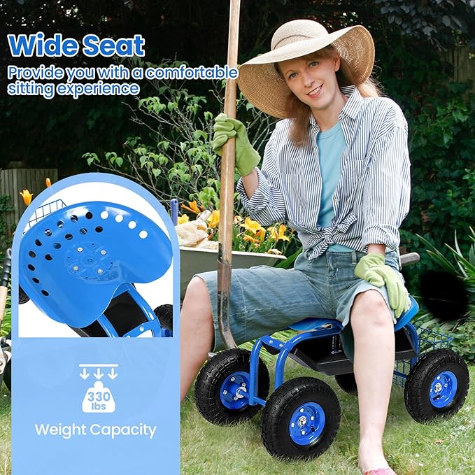 Goplus Garden Seat with Wheels, Rolling Garden Cart with Adjustable 360° Swivel Seat, Tool Tray, Basket for Lawn, Yard, Patio, Heavy Duty Gardening Stool, Outdoor Wagon Scooter for Seniors
