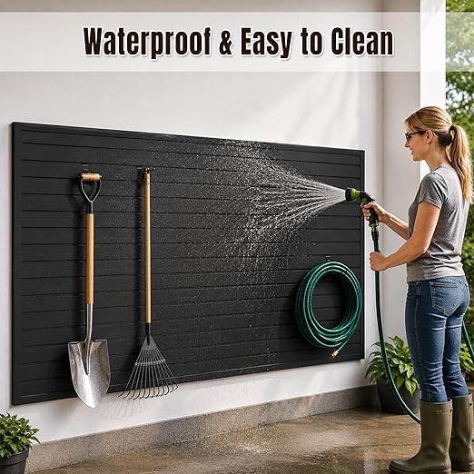SMARTSTANDARD Slatwall Panel 4x8 FT, Garden Wall Organizer with 31 Garden Tool Hooks & Baskets,Heavy Duty PVC Slat Wall Panels for Gardening, Easy to Install & DIY Cutting (Black)