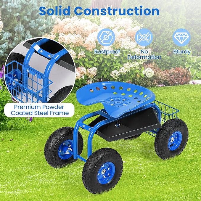 Goplus Garden Seat with Wheels, Rolling Garden Cart with Adjustable 360° Swivel Seat, Tool Tray, Basket for Lawn, Yard, Patio, Heavy Duty Gardening Stool, Outdoor Wagon Scooter for Seniors