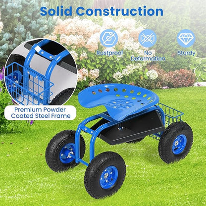 Goplus Garden Seat with Wheels, Rolling Garden Cart with Adjustable 360° Swivel Seat, Tool Tray, Basket for Lawn, Yard, Patio, Heavy Duty Gardening Stool, Outdoor Wagon Scooter for Seniors