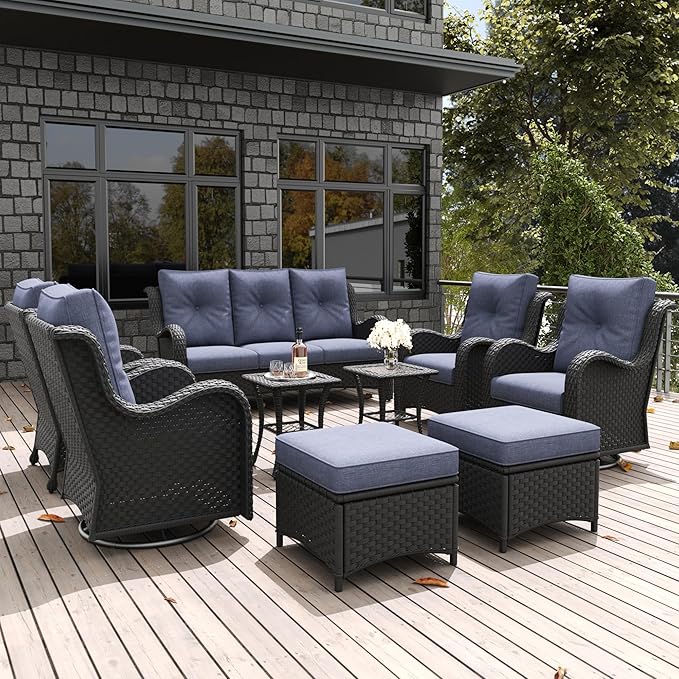 LayinSun 9-Piece Outdoor Patio Furniture Set - Rattan Wicker Sectional Swivel Rocker Chairs with Ottomans, Single Chairs and Coffee Table