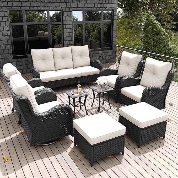 LayinSun 9 Pieces Outdoor Patio Furniture Set, Rattan Wicker Sectional Swivel Rocker Chairs Sets with Ottomans, Swivel Glider Chairs,Single Chairs and Coffee Table