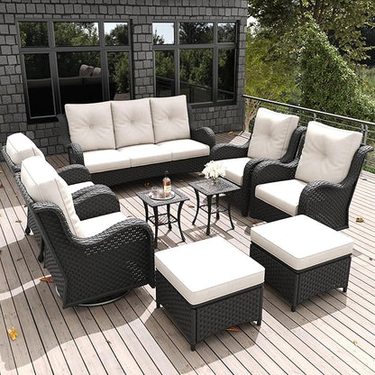 LayinSun 9 Pieces Outdoor Patio Furniture Set, Rattan Wicker Sectional Swivel Rocker Chairs Sets with Ottomans, Swivel Glider Chairs,Single Chairs and Coffee Table