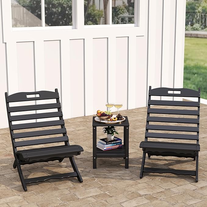 GREENVINES 3 Pieces Patio Furniture Set | Outdoor Bistro Sets for 2 | HDPE Plastic | Folding-Adirondack-Chairs-with-Side-Table | All Weather | Xavier Chair | for Porch Deck Poolside Backyard | Black