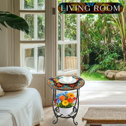 Cinnvoice Outdoor Side Table Round Small Mosaic Patio Accent Indoor End Plant Coffee Tea Table for Yard Patio Porch Garden Living Room, Bedroom(Butterfly B Style,12 Inch)