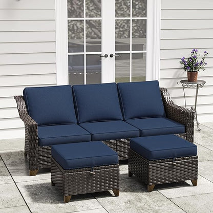 3 Pieces Outdoor Conversation Furniture Set - 77" Patio Sofa, 2 Rattan Wicker Ottomans, Patio Wicker Couch Set with Water-Resistant for Sunroom, Deck, Porch (Navy Blue)