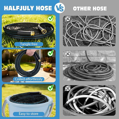 Halfjuly Garden Hose 75FT, Flat Non-Expandable Lightweight Water Hose, Durable Flexible Heavy Duty No Kink Design with 3/4" Fittings, 10 Way Spray Nozzle for Outdoor Yard Lawn