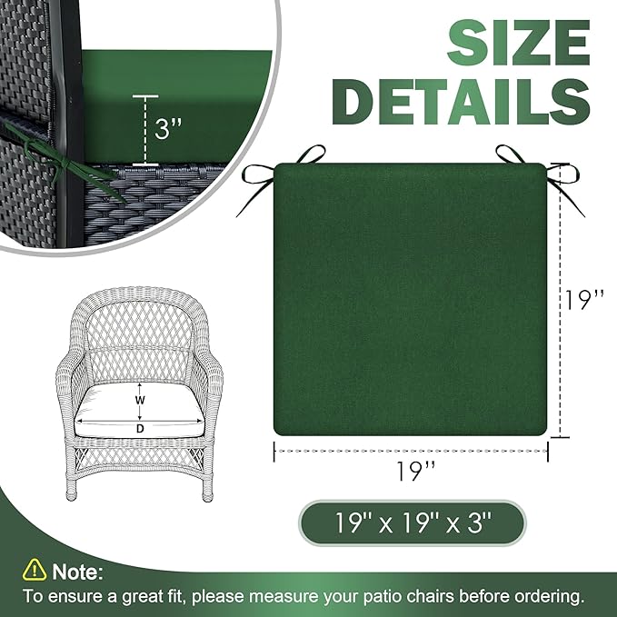 Outdoor Chair Cushions Set of 2, 19x19x3Inch Waterproof & Fade Resistant Patio Furniture Seat Cushions with Ties, Square Outdoor Dining Chair Cushions for Lawn, Garden, Deck&Yard, Forest Green