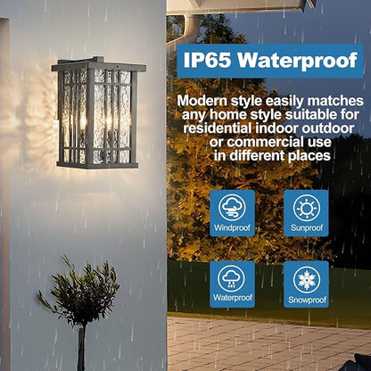 2-Light Outdoor Wall Light E26 Base Metal Frame - Black Exterior Waterproof Lanterns with Clear Glass, Porch Wall Mount Lighting for Garage, Patio(Bulb not Included)