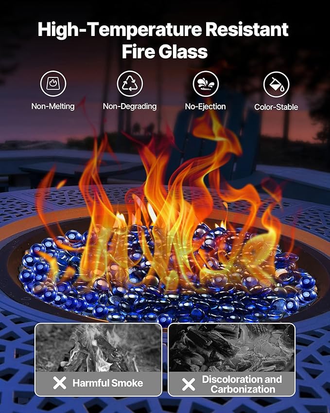 VEVOR Fire Glass, 10LBS/4.5KG High-Temperature Resistant Fireplace Rocks, 3/4-Inch / 19.05 mm Reflective & Smokeless Firepit Glass Beads, High Luster Stone Landscaping for Fire Pit Table, Cobalt Blue