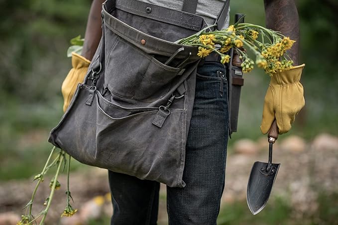 Barebones Harvesting and Gathering Bag - Foraging, Harvest and Fruit Picking Bag with Convertible Straps - Water-Resistant Waxed Canvas Gardening Tool(Slate Gray)