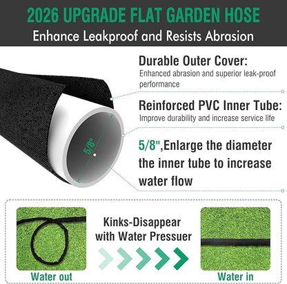 100FT Lightweight Flat Garden Hose for Women & Seniors, Non-Expandable Water Hose with 10-Pattern Spray Nozzle, Easy Storage No-Kink Hose for RV, Patio, Small Backyard, Car Wash & Everyday Watering