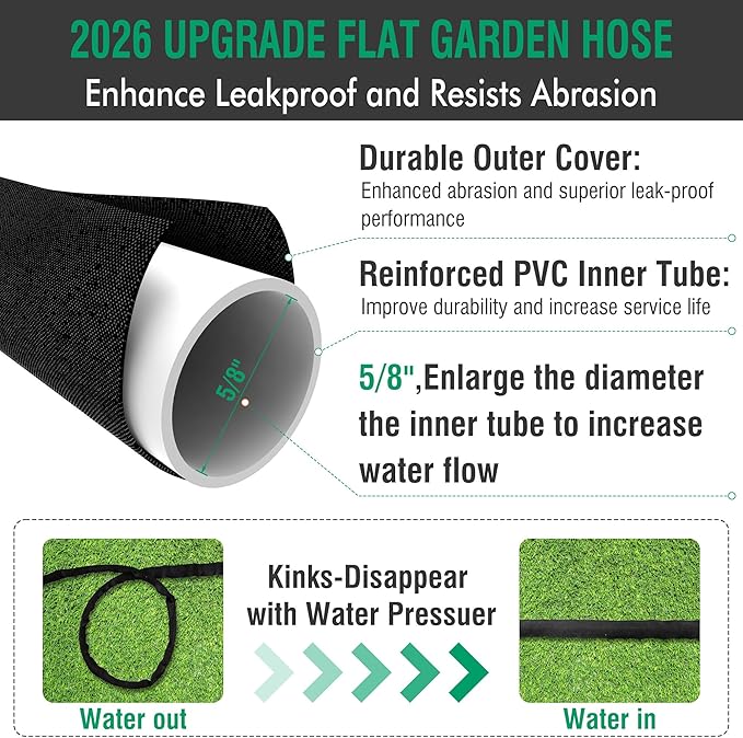 100FT Lightweight Flat Garden Hose for Women & Seniors, Non-Expandable Water Hose with 10-Pattern Spray Nozzle, Easy Storage No-Kink Hose for RV, Patio, Small Backyard, Car Wash & Everyday Watering