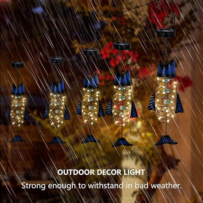 HONGLAND Patio Deals Solar Lanterns Outdoor Waterproof, Fish Lantern Lights, Metal Hanging Garden Decor for Patio & Yard, Gifts for Fishermen, Warm White LED Home Decoration
