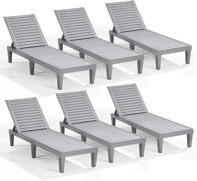 Nestl Patio Chairs - Grey Chaise Lounge Chair Outdoor, 5-Position Adjustable Sun Tanning Chair, Waterproof Pool Lounge Chairs Set of 6, Reclining Lawn Chair, Lightweight Outdoor Lounge Chairs
