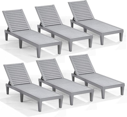 Nestl Patio Chairs - Grey Chaise Lounge Chair Outdoor, 5-Position Adjustable Sun Tanning Chair, Waterproof Pool Lounge Chairs Set of 6, Reclining Lawn Chair, Lightweight Outdoor Lounge Chairs