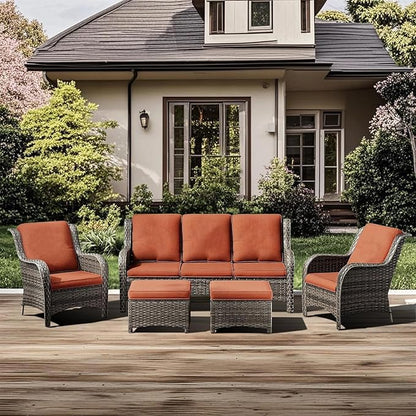 5 Pieces Outdoor Patio Furniture Conversation Set PE Rattan Wicker with a 3-Seater Sofa, 2 Armchairs, 2 Outdoor Ottomans for Yard Backyard (Brown/Orange)
