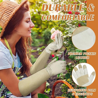 Rose Pruning Gloves for Men & Women, Long Thorn Proof Gardening Gloves, Breathable Pigskin Leather Gauntlet, Best Garden Gifts & Tools for Gardener(Beige White, S)