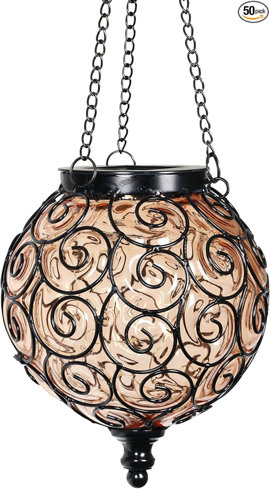 Solar Hanging Lantern Outdoor Garden Lights, Round Glass and Metal Hanging Lantern, 15 Firefly LED Lights, 7 x 20 Inch, Amber