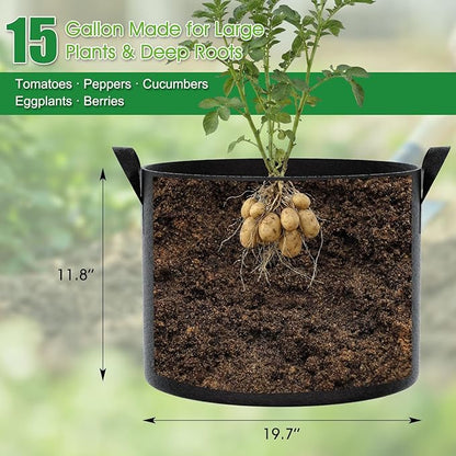 FEED GARDEN 15 Gallon Grow Bags 4 Pack – Heavy Duty 300G Thick Fabric Plant Pots with Reinforced Handles, Breathable Drainage Planters for Tomatoes, Potatoes & Large Vegetables Indoor Outdoor