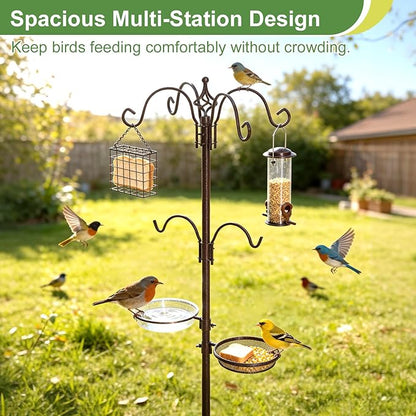 94" Bird Feeding Station Kit with Multiple Hooks, Heavy Duty Metal Bird Feeding Station with Seed Tray & Mesh Basket, Easy Assembly Ground Mounted Bird Feeder Pole for Garden Yard Outdoor