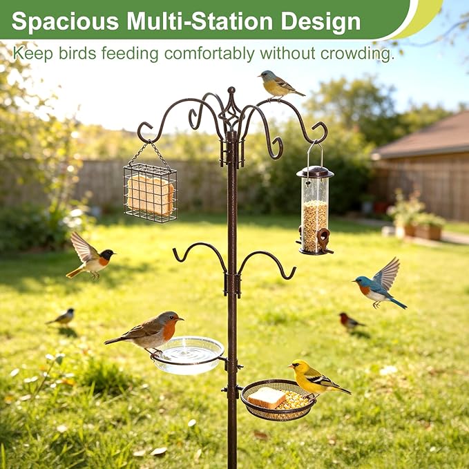 83" Bird Feeding Station Kit with Multiple Hooks, Heavy Duty Metal Bird Feeding Station with Seed Tray & Mesh Basket, Easy Assembly Ground Mounted Bird Feeder Pole for Garden Yard Outdoor